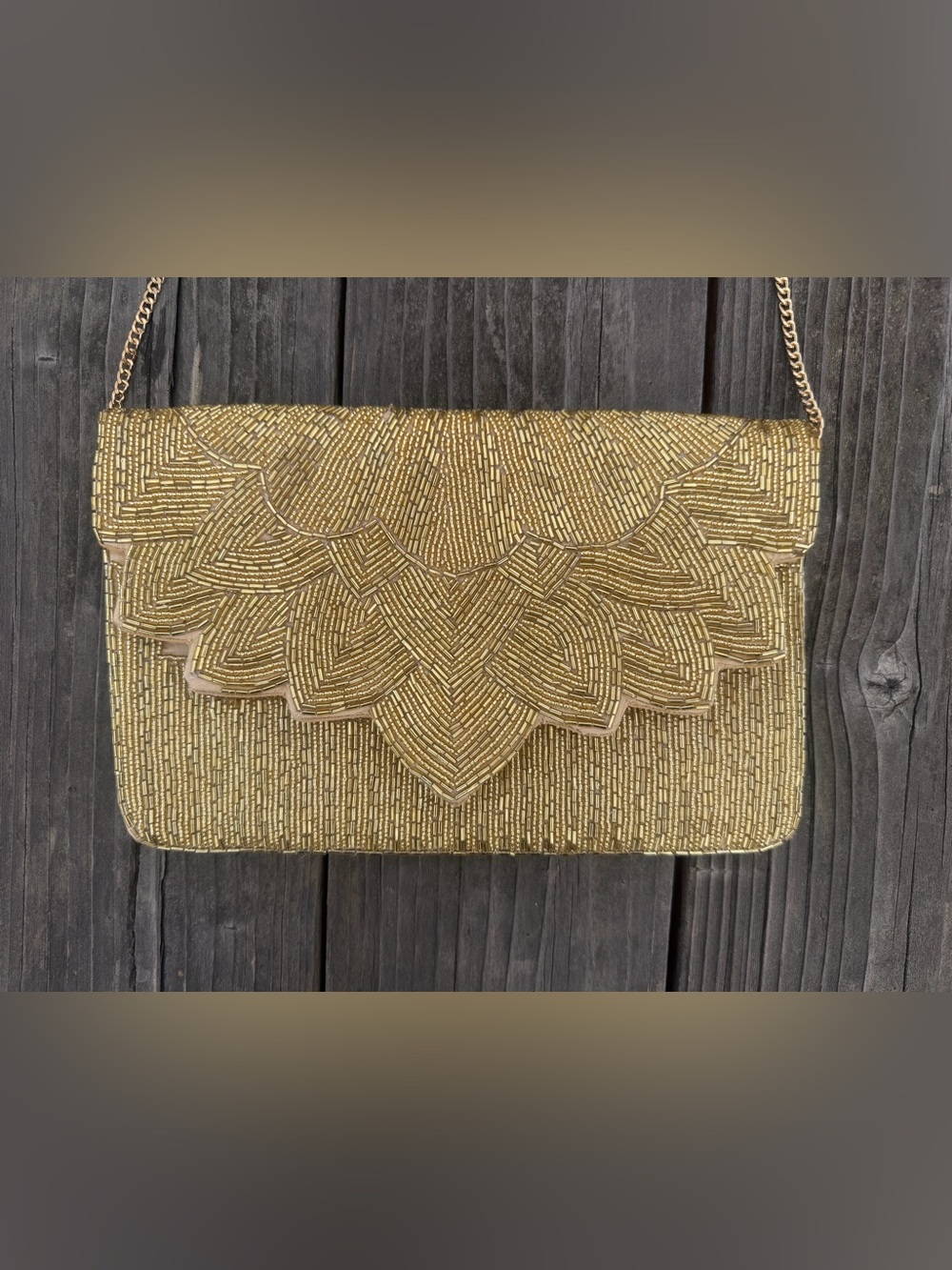 Gold fully Beaded crossbody bag by Lulus